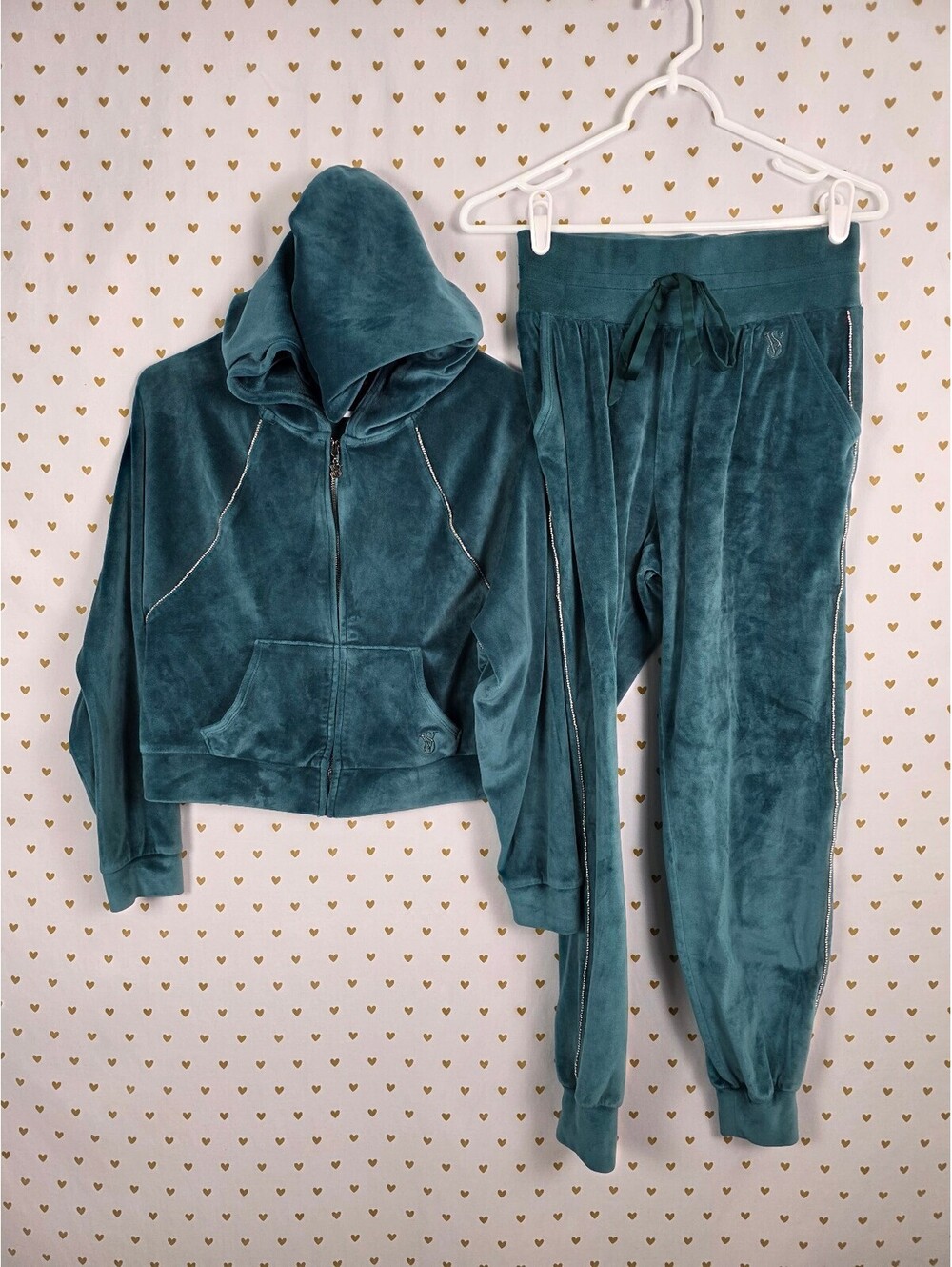 Victoria's Secret On Point Velour Tracksuit XS Teal Rhinestone Hoodie Pants